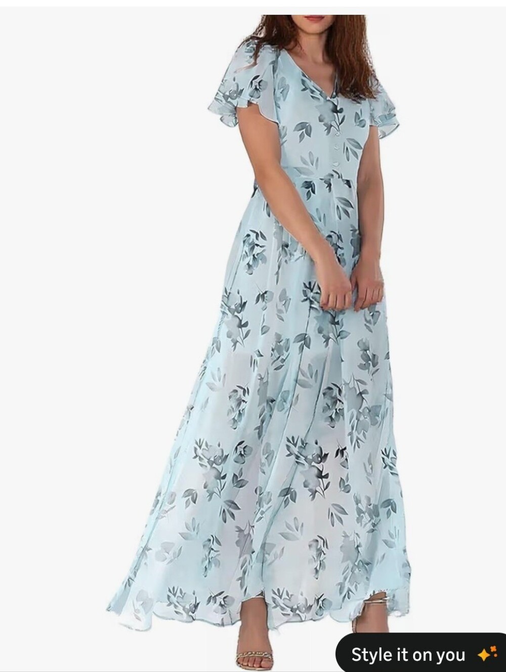 Light Blue Floral Maxi Dress with Flutter Sleeves #134